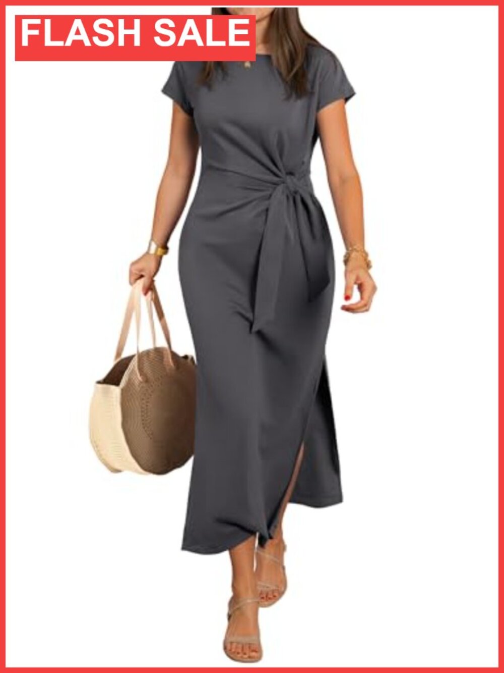 Women's Slim Fit Wrinkle-Free Maxi Dress Short Sleeve Tie Waist Slit Casual